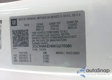 2019 Chevrolet Silverado 1500 Work Truck из США, поврежденный, VIN 3GCNWAEH0KG270580